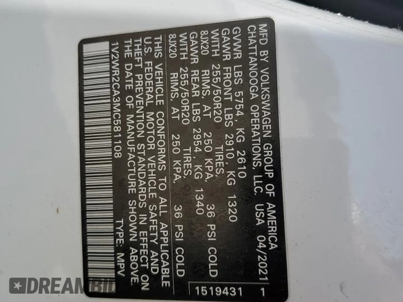 2021 Volkswagen Atlas SE z VIN 1V2WR2CA3MC581108, wystawiony jako Copart lot #55703125 z przebiegiem 76 194 mil mil oraz Szkoda całkowita • Salvage title. Historia ofert i sprzedaży dostępna na DreamBid. Obrazek 12.