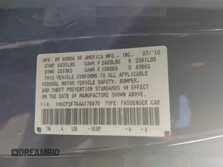 2010 Honda Accord EX with VIN 1HGCP2F74AA176975, listed as a IAAI auction lot 42581750 with 216,878 mi miles and . Bid and sale history available at DreamBid. Image 9.
