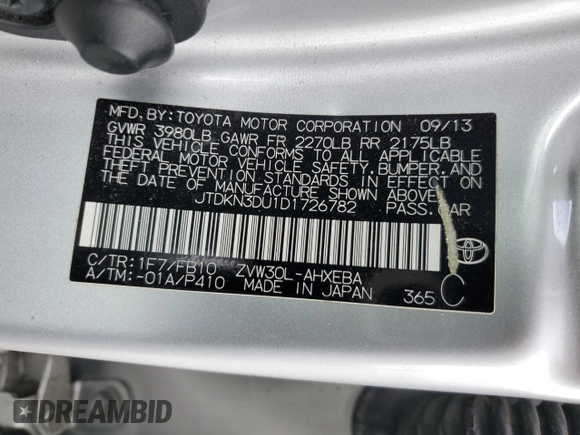 2013 Toyota Prius One with VIN JTDKN3DU1D1726782, listed as a Copart auction lot 54484445 with 227,449 mi miles and Salvage Title. Bid and sale history available at carsss.com. Image 12.