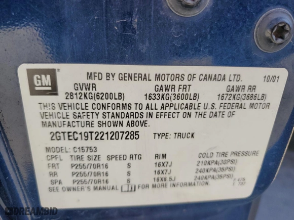 2002 GMC Sierra 1500 SLE with VIN 2GTEC19T221207285, listed as a Copart auction lot 88169715 with 255,121 mi miles and Salvage Title. Bid and sale history available at carsss.com. Image 12.