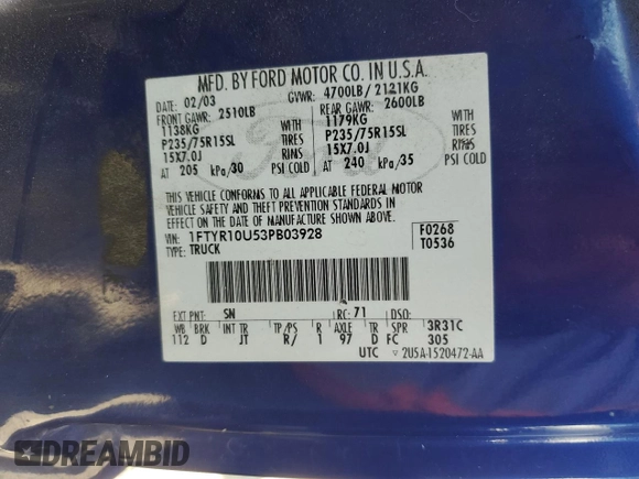 2003 Ford Ranger XL with VIN 1FTYR10U53PB03928, listed as a Copart auction lot 51763625 with 172,819 mi miles and Salvage Title. Bid and sale history available at carsss.com. Image 12.