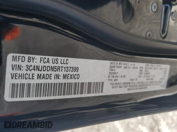 2024 Jeep Compass Trailhawk с VIN 3C4NJDDN5RT137399, выставлен на аукционе Copart как лот 57471105 с пробегом 29 008 миль миль и Списание • Salvage title. История ставок и продаж доступна на DreamBid. Изображение 14.