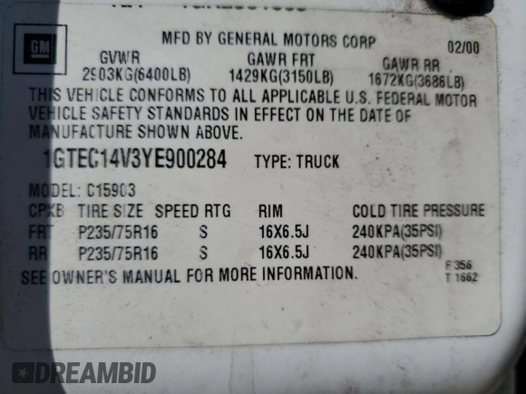 2000 GMC Sierra 1500 SL with VIN 1GTEC14V3YE900284, listed as a Copart auction lot 87844315 with 254,472 mi miles and Salvage Title. Bid and sale history available at DreamBid. Image 12.