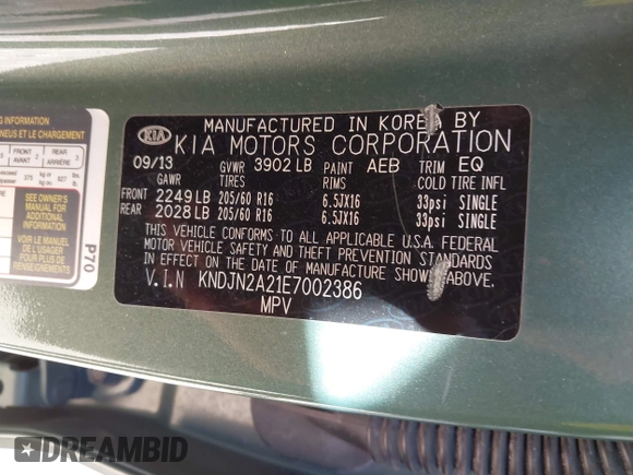 2014 Kia Soul with VIN KNDJN2A21E7002386, listed as a IAAI auction lot 41725962 with 109,583 mi miles. Bid and sale history available at carsss.com. Image 9.