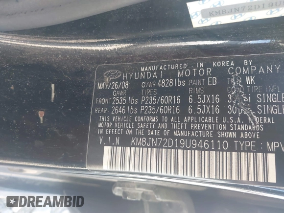2009 Hyundai Tucson Limited with VIN KM8JN72D19U946110, listed as a IAAI auction lot 41893685 with 161,884 mi miles. Bid and sale history available at carsss.com. Image 9.
