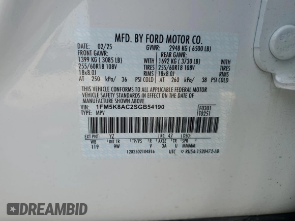 2025 Ford Explorer with VIN 1FM5K8AC2SGB54190, listed as a Copart auction lot 58993845 with 1,826 mi miles and Salvage title. Bid and sale history available at DreamBid. Image 13.
