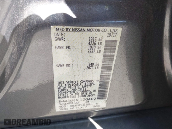 2018 Nissan Altima SR with VIN 1N4AL3AP6JC120402, listed as a IAAI auction lot 41949433 with 58,595 mi miles and . Bid and sale history available at carsss.com. Image 9.