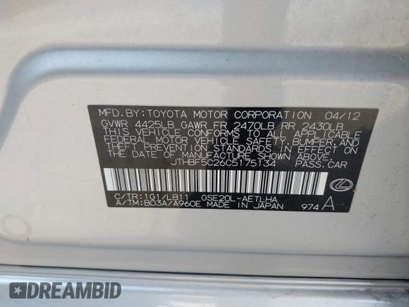 2012 Lexus IS 250 z VIN JTHBF5C26C5175134, wystawiony jako IAAI lot #41932123 z przebiegiem 182 939 mil mil oraz . Historia ofert i sprzedaży dostępna na DreamBid. Obrazek 9.