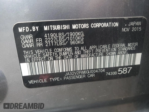 2016 Mitsubishi Lancer SE with VIN JA32V2FW6GU004704, listed as a Copart auction lot 66203384 with 72,453 mi miles and Salvage Title. Bid and sale history available at carsss.com. Image 12.