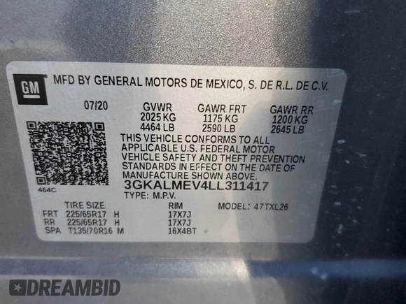 2020 GMC Terrain SLE with VIN 3GKALMEV4LL311417, listed as a Copart auction lot 49548205 with 61,609 mi miles and Salvage Title. Bid and sale history available at DreamBid. Image 13.