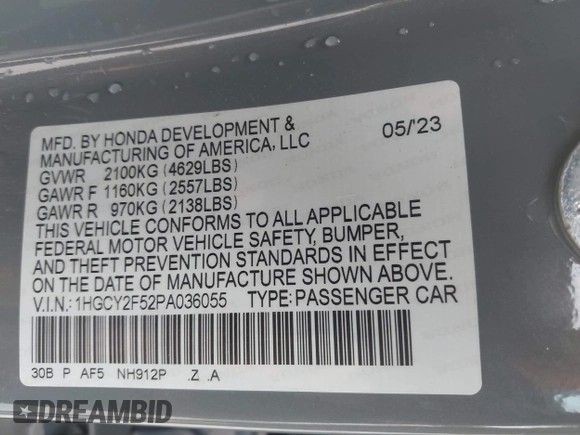 2023 Honda Accord Sport with VIN 1HGCY2F52PA036055, listed as a IAAI auction lot 42358975 with 30,290 mi miles and . Bid and sale history available at DreamBid. Image 9.