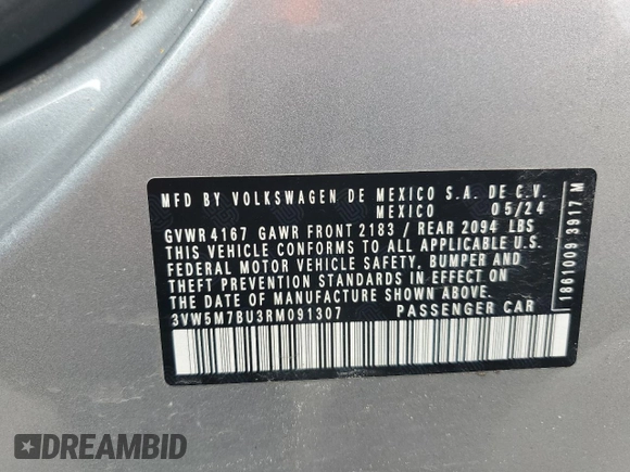 2024 Volkswagen Jetta S with VIN 3VW5M7BU3RM091307, listed as a Copart auction lot 61591025 with 21,581 mi miles and Clean title. Bid and sale history available at DreamBid. Image 12.