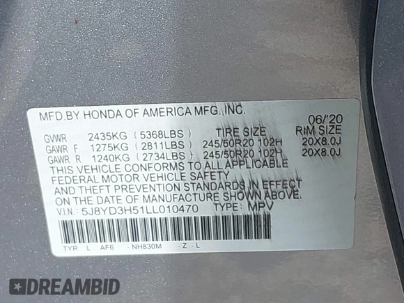 2020 Acura MDX w/Technology Pkg with VIN 5J8YD3H51LL010470, listed as a IAAI auction lot 40486114 with 1 mi miles. Bid and sale history available at carsss.com. Image 9.