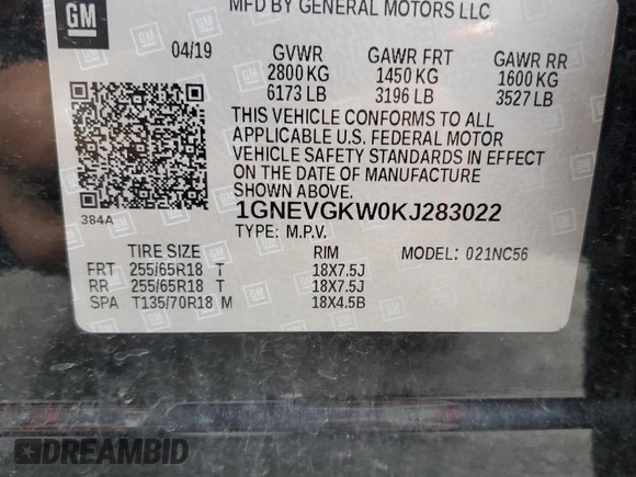 2019 Chevrolet Traverse LT Cloth z VIN 1GNEVGKW0KJ283022, wystawiony jako Copart lot #58908455 z przebiegiem 55 155 mil mil oraz Szkoda całkowita • Salvage title. Historia ofert i sprzedaży dostępna na DreamBid. Obrazek 14.