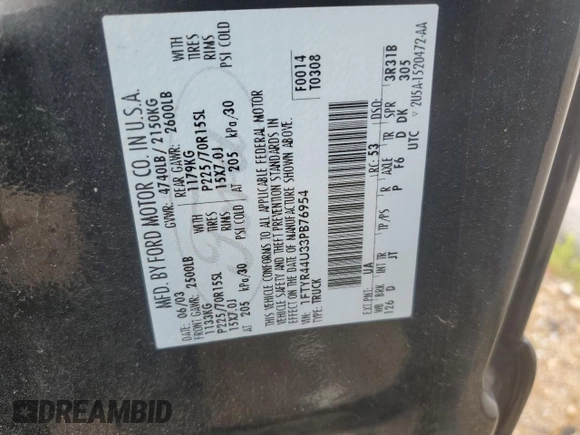 2003 Ford Ranger XL Fleet with VIN 1FTYR44U33PB76954, listed as a Copart auction lot 59866174 with 180,629 mi miles and Salvage title. Bid and sale history available at DreamBid. Image 12.
