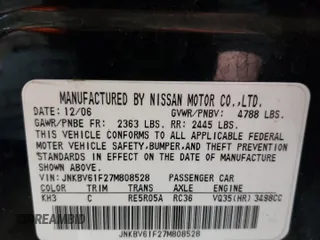 2007 Infiniti G35 Sedan G35x with VIN JNKBV61F27M808528, listed as a Copart auction lot 48788415 with 181,778 mi miles and Salvage Title. Bid and sale history available at carsss.com. Image 12.