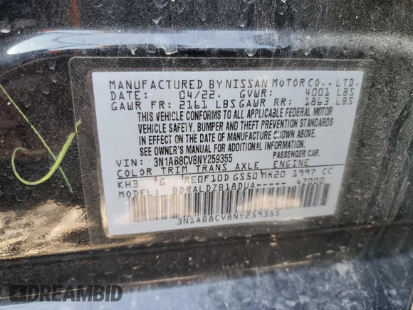 2022 Nissan Sentra SV with VIN 3N1AB8CV8NY259355, listed as a Copart auction lot 53443495 with 18,271 mi miles and Salvage Title. Bid and sale history available at DreamBid. Image 13.