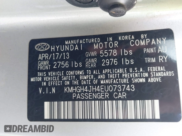 2014 Hyundai Equus Signature with VIN KMHGH4JH4EU073743, listed as a IAAI auction lot 42620941 with Not provided miles and . Bid and sale history available at DreamBid. Image 9.