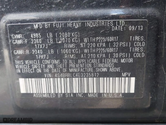 2014 Subaru Outback 2.5i Limited with VIN 4S4BRBLC4E3235812, listed as a IAAI auction lot 41851781 with 271,509 mi miles. Bid and sale history available at carsss.com. Image 9.