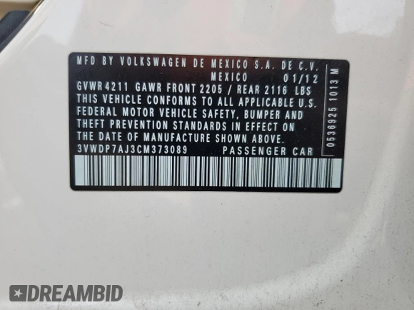 2012 Volkswagen Jetta SE with VIN 3VWDP7AJ3CM373089, listed as a Copart auction lot 59805205 with 123,345 mi miles and Salvage title. Bid and sale history available at DreamBid. Image 12.