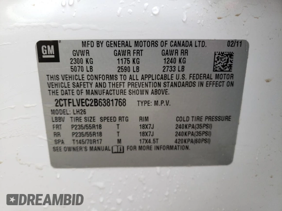 2011 GMC Terrain SLT-1 with VIN 2CTFLVEC2B6381768, listed as a Copart auction lot 54162195 with 156,353 mi miles and Non repairable. Bid and sale history available at DreamBid. Image 13.