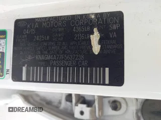2015 Kia Optima LX with VIN KNAGM4A77F5637238, listed as a IAAI auction lot 42372825 with 139,099 mi miles and . Bid and sale history available at DreamBid. Image 9.