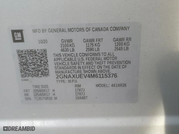 2021 Chevrolet Equinox LT with VIN 2GNAXUEV4M6115376, listed as a Copart auction lot 84763154 with 56,080 mi miles and Salvage Title. Bid and sale history available at carsss.com. Image 14.
