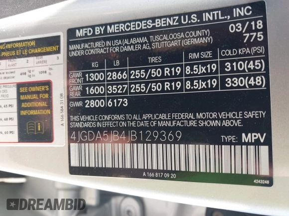 2018 Mercedes-Benz GLE 350 with VIN 4JGDA5JB4JB129369, listed as a IAAI auction lot 42388012 with 94,926 mi miles and . Bid and sale history available at DreamBid. Image 9.