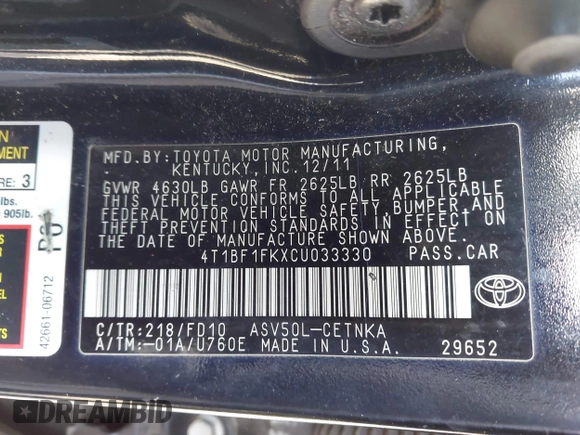 2012 Toyota Camry L with VIN 4T1BF1FKXCU033330, listed as a IAAI auction lot 42031388 with 199,418 mi miles. Bid and sale history available at carsss.com. Image 9.