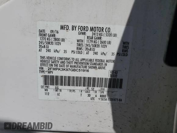 2016 Ford Edge Titanium with VIN 2FMPK3K97GBC51916, listed as a Copart auction lot 47850934 with 94,035 mi miles and Salvage Title. Bid and sale history available at carsss.com. Image 14.