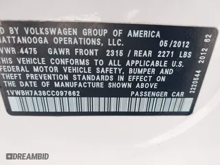 2012 Volkswagen Passat SE with VIN 1VWBH7A38CC097662, listed as a IAAI auction lot 41544163 with 111,010 mi miles. Bid and sale history available at carsss.com. Image 9.