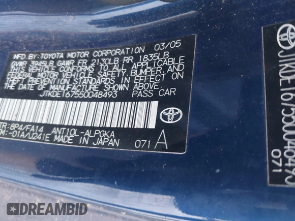 2005 Scion tC with VIN JTKDE167550048493, listed as a IAAI auction lot 42079228 with 173,318 mi miles. Bid and sale history available at carsss.com. Image 9.