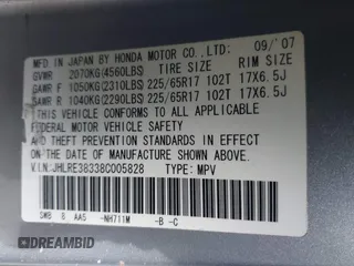 2008 Honda CR-V LX with VIN JHLRE38338C005828, listed as a IAAI auction lot 42042857 with 104,181 mi miles and . Bid and sale history available at carsss.com. Image 9.