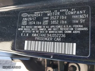 2017 Hyundai Accent SE with VIN KMHCT4AE3HU352236, listed as a IAAI auction lot 41823289 with 52,203 mi miles. Bid and sale history available at carsss.com. Image 9.