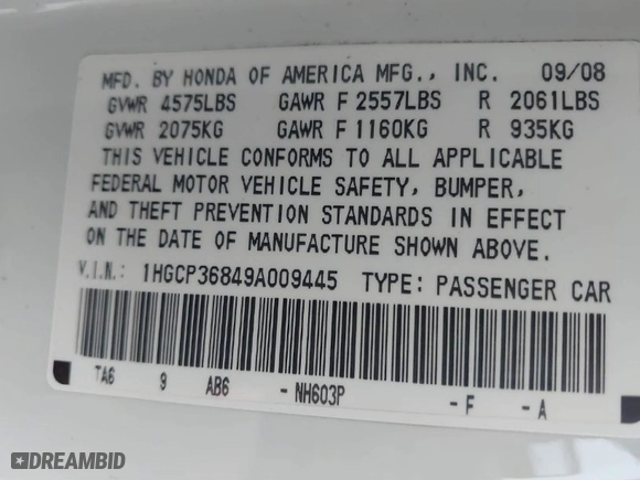 2009 Honda Accord Sdn EX-L with VIN 1HGCP36849A009445, listed as a IAAI auction lot 41537934 with 176,086 mi miles. Bid and sale history available at carsss.com. Image 9.