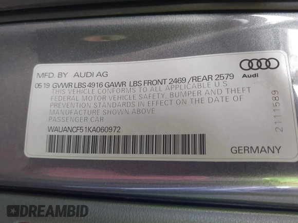 2019 Audi A5 Sportback Premium with VIN WAUANCF51KA060972, listed as a IAAI auction lot 41783485 with 98,456 mi miles. Bid and sale history available at carsss.com. Image 9.