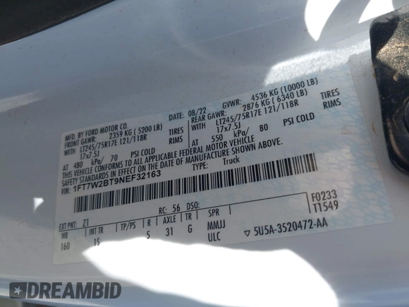 2022 Ford F-250 XL with VIN 1FT7W2BT9NEF32163, listed as a IAAI auction lot 42086399 with Not provided miles and . Bid and sale history available at DreamBid. Image 9.