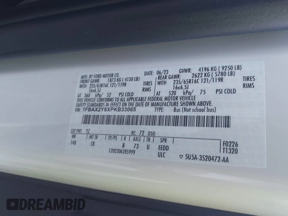 2023 Ford Transit Passenger XL with VIN 1FBAX2Y8XPKB33065, listed as a IAAI auction lot 41440531 with 21,155 mi miles and . Bid and sale history available at DreamBid. Image 9.