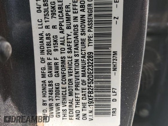 2013 Honda Civic LX z VIN 19XFB2F52DE232289, wystawiony jako Copart lot #60926785 z przebiegiem 134 266 mil mil oraz Szkoda całkowita • Salvage title. Historia ofert i sprzedaży dostępna na DreamBid. Obrazek 12.