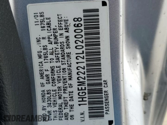 2002 Honda Civic DX with VIN 1HGEM22212L020068, listed as a Copart auction lot 50657135 with Not Provided miles and Salvage Title. Bid and sale history available at DreamBid. Image 14.