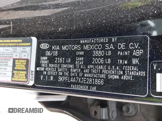 2018 Kia Forte LX with VIN 3KPFL4A7XJE281866, listed as a IAAI auction lot 41506327 with 70,579 mi miles and . Bid and sale history available at DreamBid. Image 9.