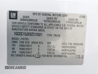 2008 Chevrolet Silverado 1500 1LT with VIN 1GCEC19JX8Z313921, listed as a IAAI auction lot 41902153 with 180,265 mi miles and . Bid and sale history available at DreamBid. Image 9.