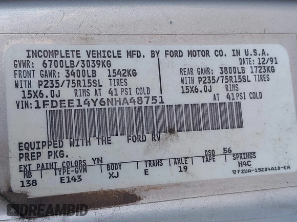 1992 Ford Econoline Cargo with VIN 1FDEE14Y6NHA48751, listed as a IAAI auction lot 41719651 with Not provided miles and . Bid and sale history available at DreamBid. Image 9.