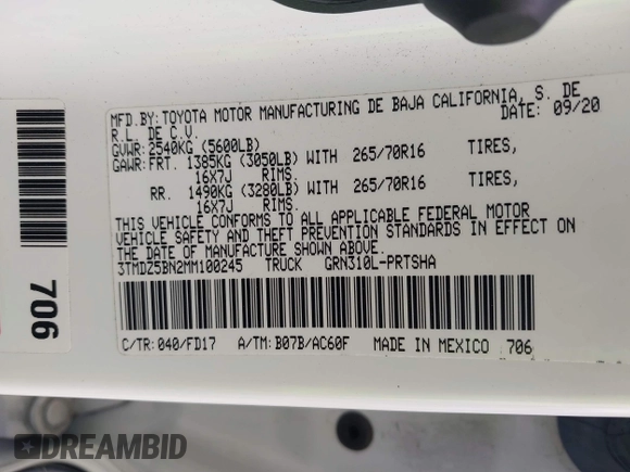 2021 Toyota Tacoma SR5 z VIN 3TMDZ5BN2MM100245, wystawiony jako IAAI lot #42078914 z przebiegiem 58 153 mil mil oraz . Historia ofert i sprzedaży dostępna na DreamBid. Obrazek 9.