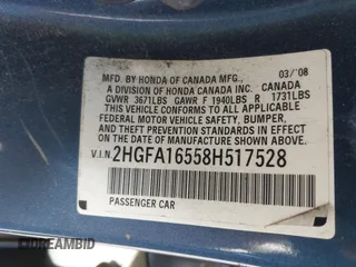 2008 Honda Civic LX with VIN 2HGFA16558H517528, listed as a IAAI auction lot 42153461 with 288,296 mi miles and . Bid and sale history available at DreamBid. Image 9.