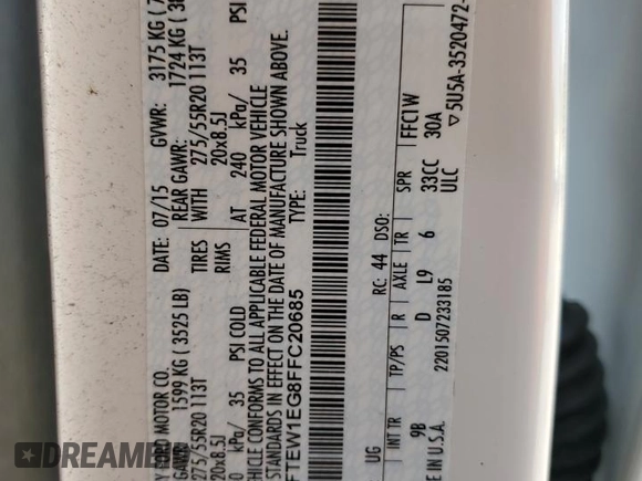 2015 Ford F-150 XLT with VIN 1FTEW1EG8FFC20685, listed as a Copart auction lot 60449545 with 117,935 mi miles and Salvage title. Bid and sale history available at DreamBid. Image 12.