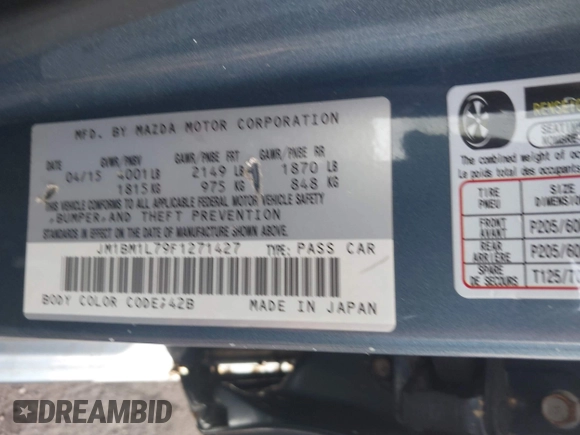 2015 Mazda 3 i Touring with VIN JM1BM1L79F1271427, listed as a IAAI auction lot 42586262 with Not provided miles and . Bid and sale history available at DreamBid. Image 9.