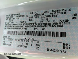 2021 Ford Escape S with VIN 1FMCU0F61MUA36822, listed as a IAAI auction lot 31372199 with 3,842 mi miles and . Bid and sale history available at DreamBid. Image 9.