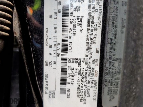 2015 Ford Focus SE with VIN 1FADP3F23FL242768, listed as a Copart auction lot 58068865 with 172,163 mi miles and Salvage title. Bid and sale history available at DreamBid. Image 13.