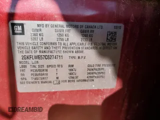2012 GMC Terrain SLT-2 with VIN 2GKFLWE57C6274711, listed as a Copart auction lot 56218245 with 134,160 mi miles and Salvage title. Bid and sale history available at DreamBid. Image 13.